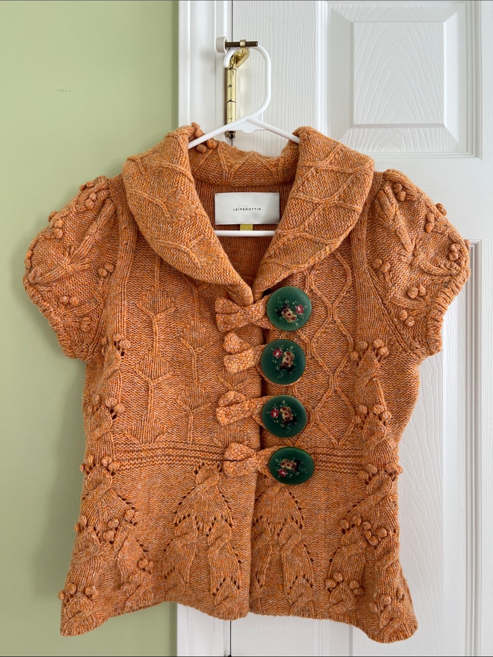 Leifsdottir (Anthropologie) Orange Knit Short-Sleeve Sweater with Green Buttons
